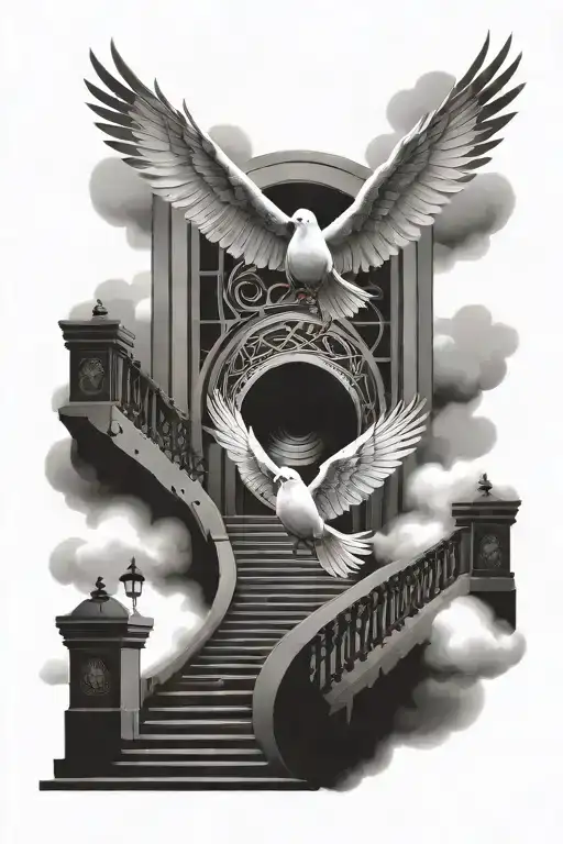 Stair Way Open Gates Doves Flying 3Rd Eye Symbol Integrated With Clouds
