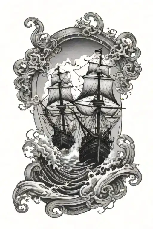 Two Pirates Ships Fighting In A Whirlpool