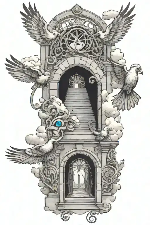 Stair Way Open Gates Doves Flying With A 3Rd Eye Symbol Integrated With Clouds