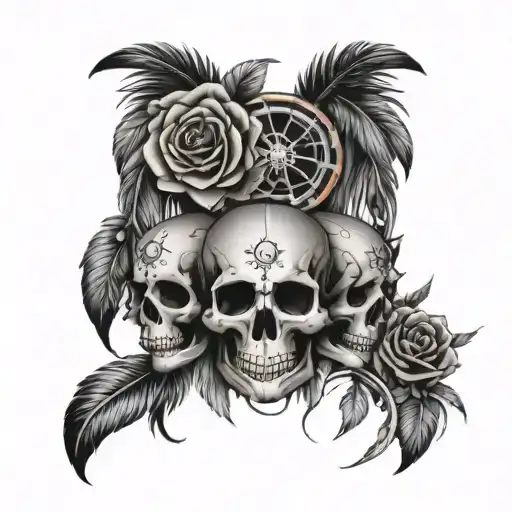 Sugar Skulls Around A Dreamcatcher With Feathers And Rainbow Colored Roses