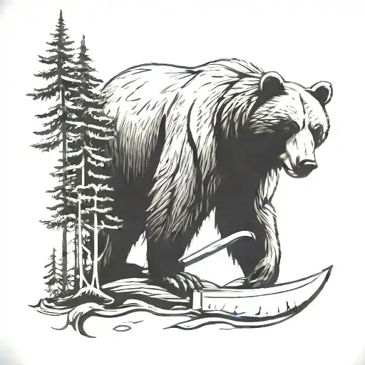 A Stylized Black-grey Tattoo Of A Bear Holding A Knife In A Forest Setting