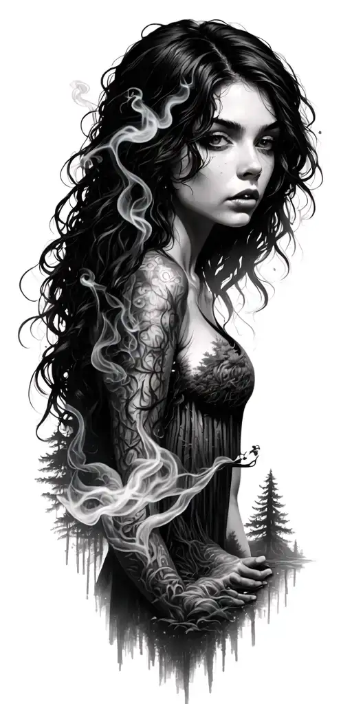 Woman Smoke Forest Scene Hidden Message
