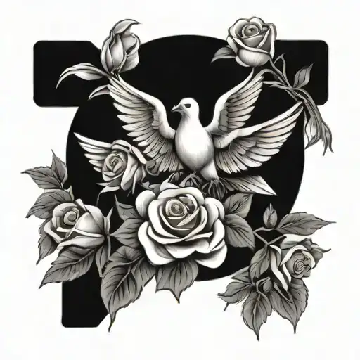 Cross And Roses And Doves Flying