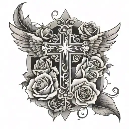 Cross With Roses And Doves Flying Above It