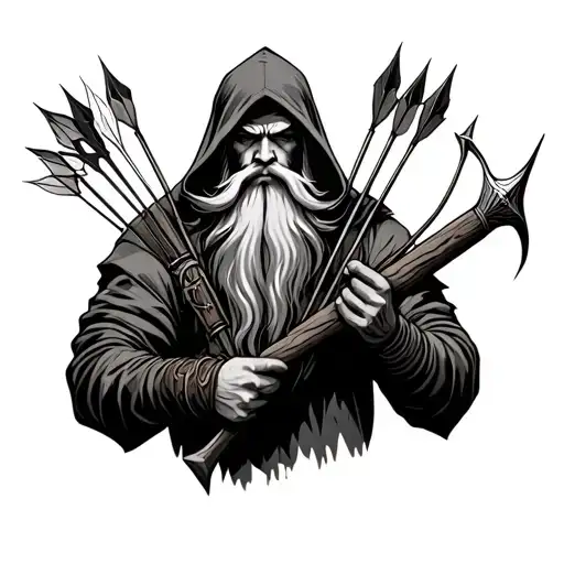 Hooded Archer With A Long Beard Wearing A Quiver Of Arrows Aiming Dark Forest Ambience