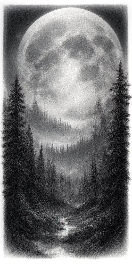 Massive Forest Landscape With Huge Moon In The Background