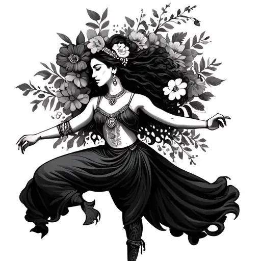 Gypsy Woman Dancing With Flowers And Wearing Her Jewerlly