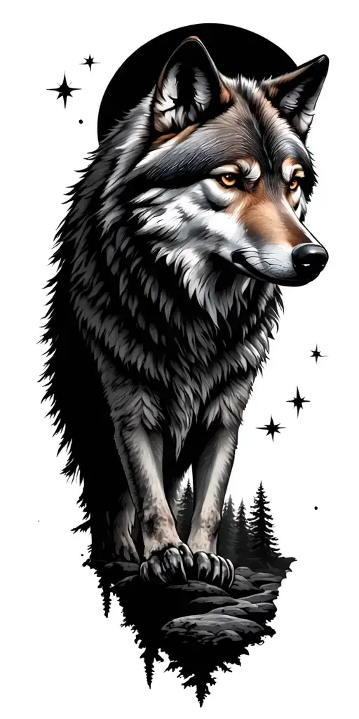 Stars Over Forest Landscape With Wolf