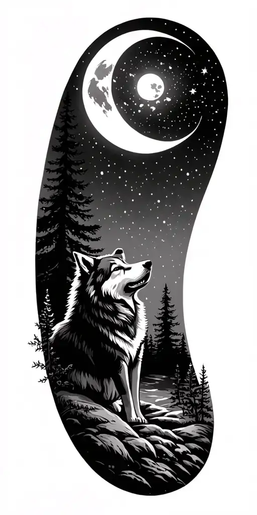 Stars Over Forest Landscape With Wolf Howling At The Moon