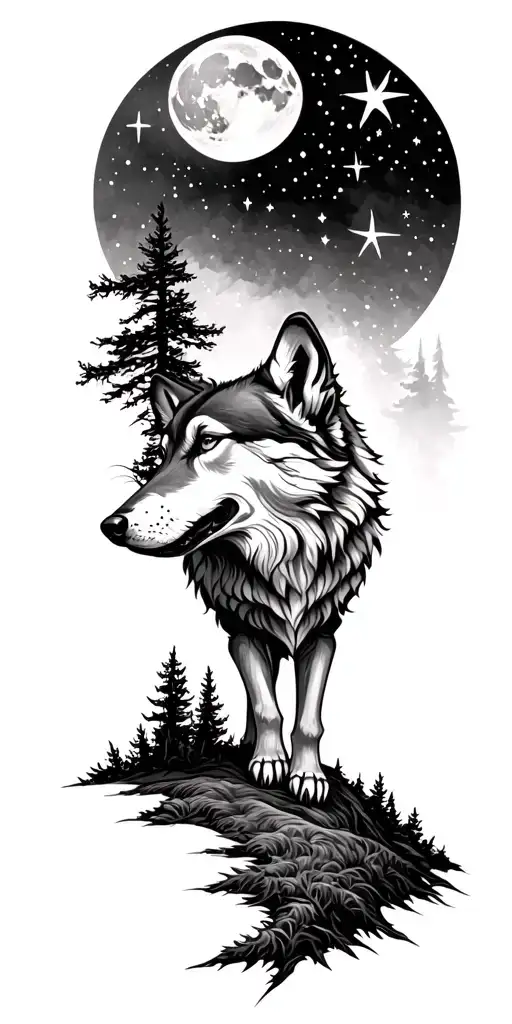 Stars Over Forest Landscape With Wolf Howling At The Moon