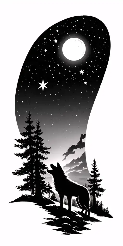 Stars Over Forest Landscape With A Small Wolf Howling At The Moon