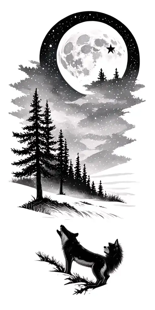 Stars Over Forest Landscape With A Small Wolf Howling At The Moon