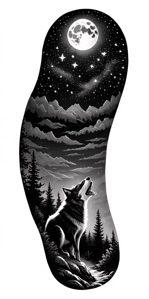 Stars Over Forest Landscape With A Small Wolf Howling At The Moon