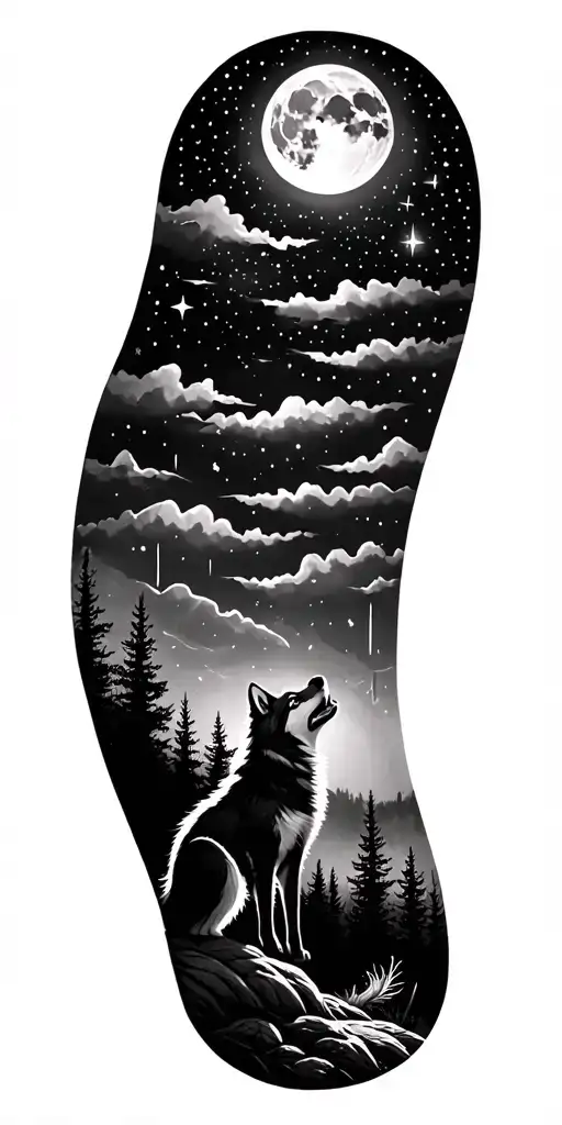 Stars Over Forest Landscape With A Small Wolf Howling At The Moon