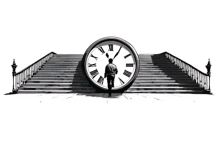 Boy Walking Up Stair Case To Clock Face
