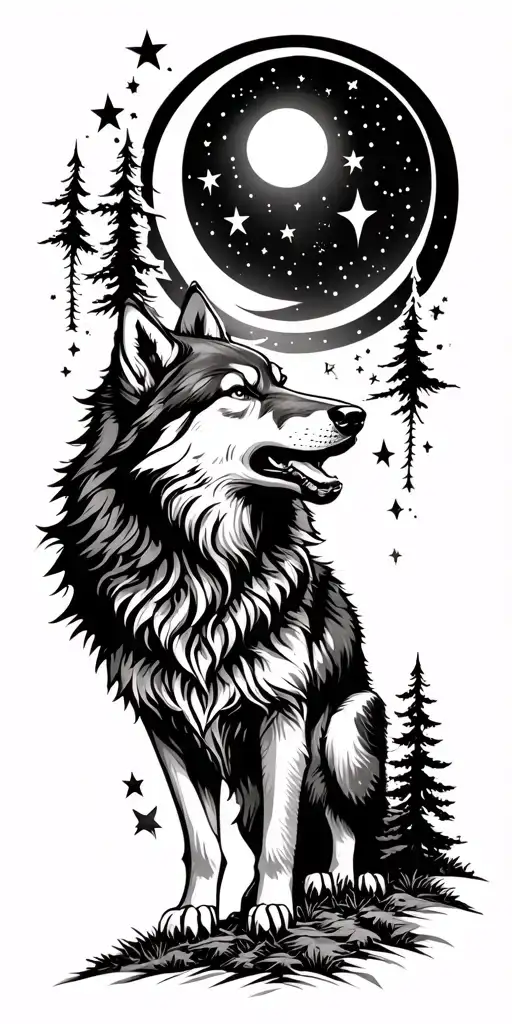 Stars Over Forest Landscape With A Small Wolf Howling At The Moon