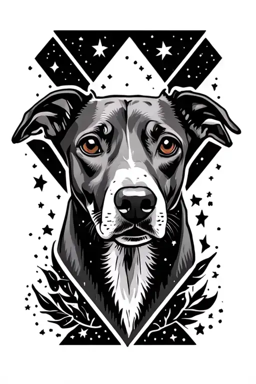 Greyhound Face Line Drawing In A Diamond Shape With Night Sky And Stars