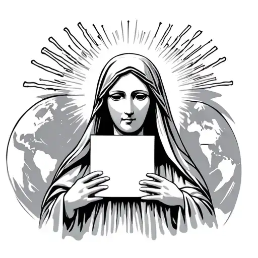 Virgin Mary Holding A Blank Mask And The World In The Toher Hand