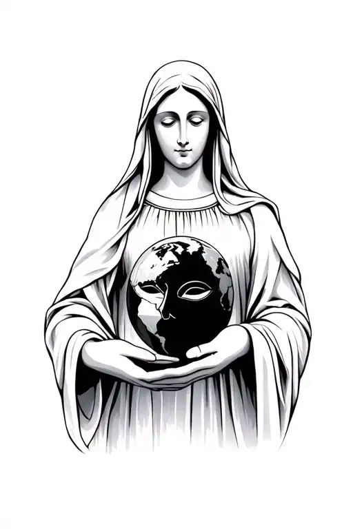 Virgin Mary Holding A Mask And The World In The Toher Hand