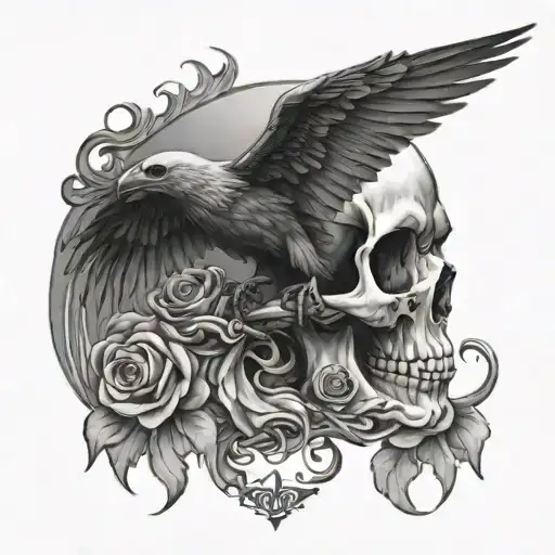 Beautifully Dainty Skull With Raven Wings Spread Out
