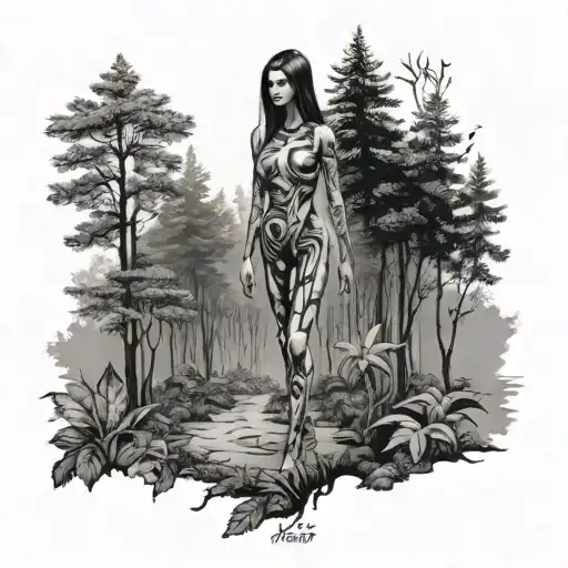 High Fashion Runway Models With Alien-inspired Tattoos Walking Through A Forest