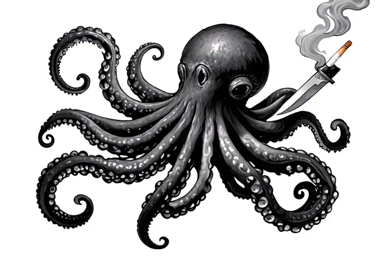 Octopus With Knives In Its Tentacles Smoking A Cigarette