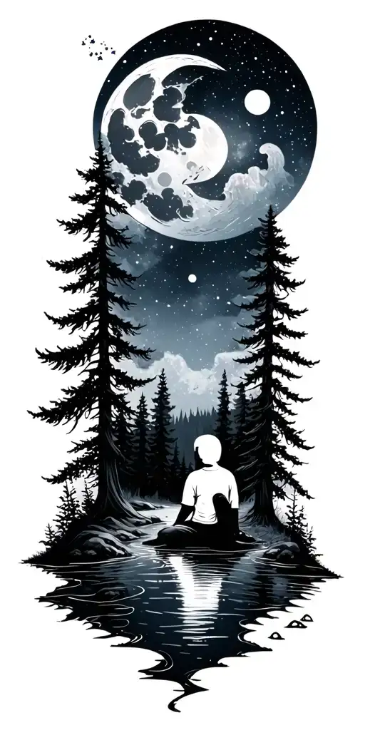 Galaxies Space Stars Moon Forest River Small Person Sitting