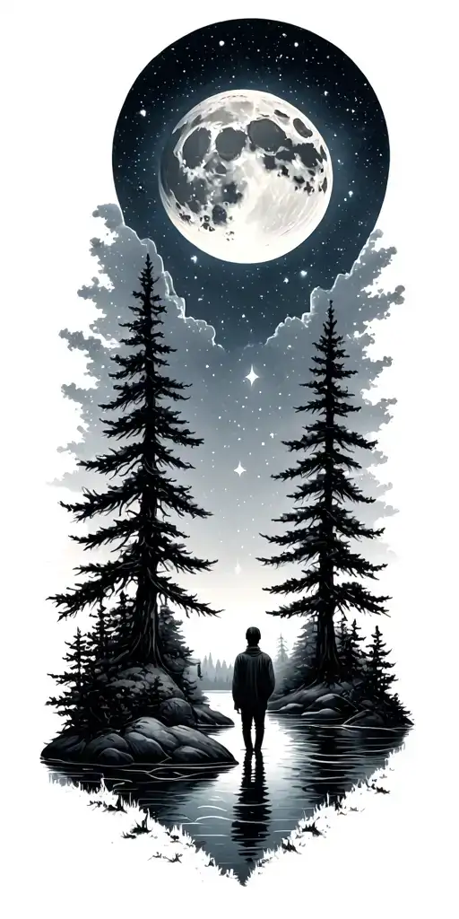 Galaxies Space Stars Moon Forest River Small Person Standing