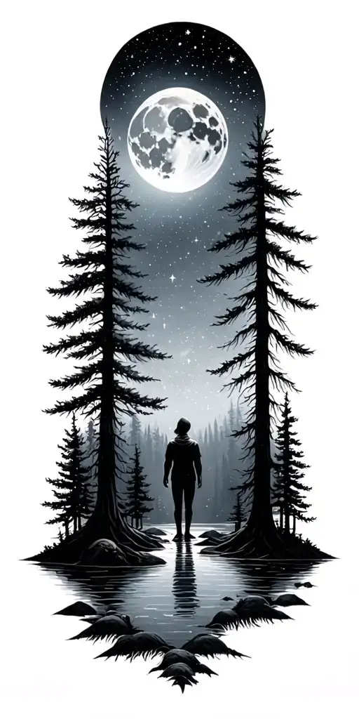 Galaxy Space Stars Moon Forest River Small Person Standing