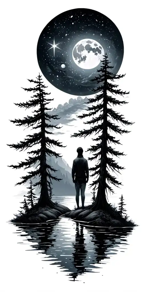 Galaxy Space Stars Moon Lots Of Trees River Small Person Standing