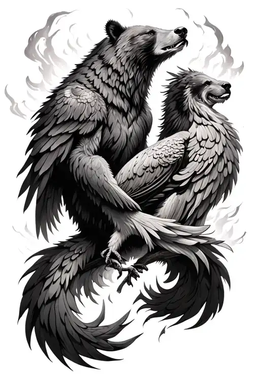 Bear And Phoenix Rising From The Ashes