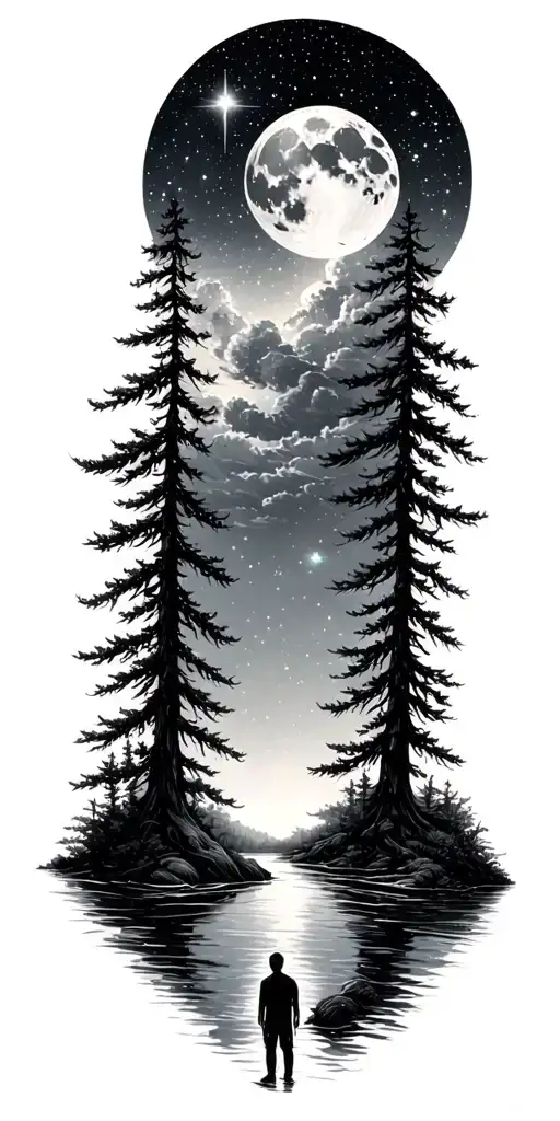Galaxy Space Stars Sky Moon Lots Of Trees River Small Person Standing