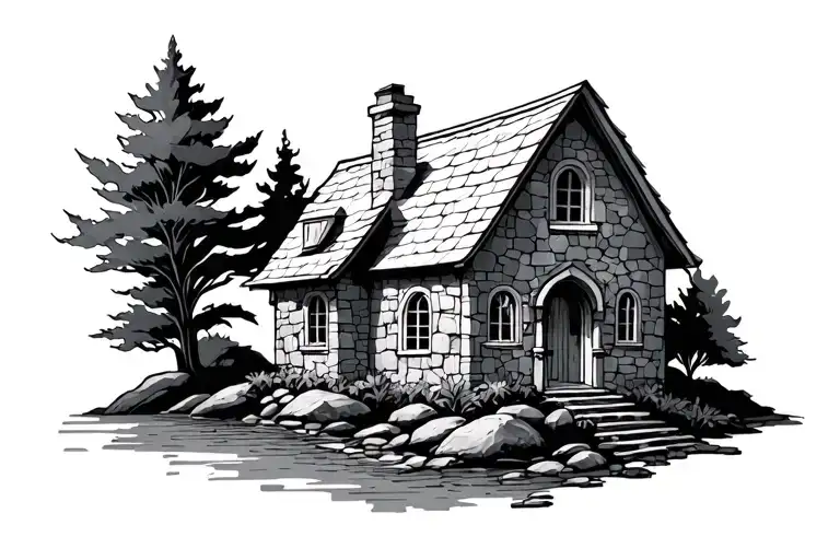 Simple Stone House Fine Line Outline