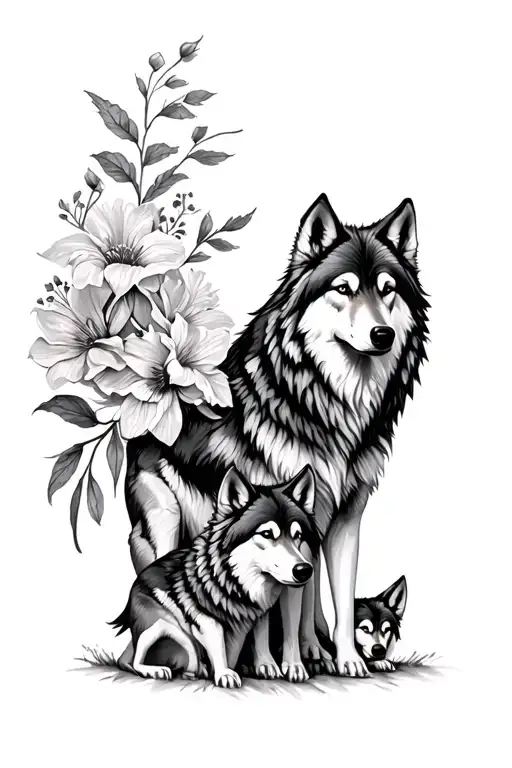 A Wolf And Its 3 Wolves With Lilk Flowers In A Minimalist Style