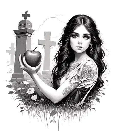 Profile Girl With An Apple In Hand And Cemetery In The Background
