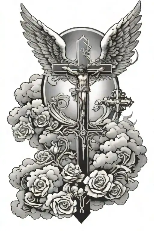 Cross Surrounded With Clouds And Angels Flying