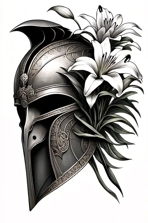 Trojan Helmet With Lily Flowers Growing Together