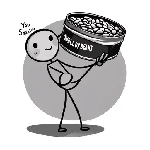 A Stick Figure Bean Holding A Small Tin Of Beans With The Words You Smell Of Beans Incorporated