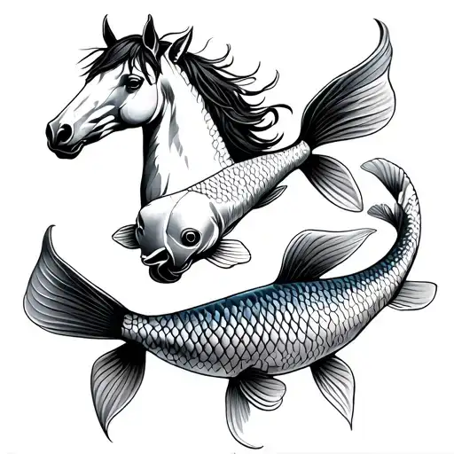 Horse And Pair Of Koi Fish Swimming