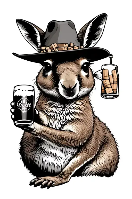 Kangaroo Wearing Aussie Hat With Corks Hanging From It Whilst Holding A Beer