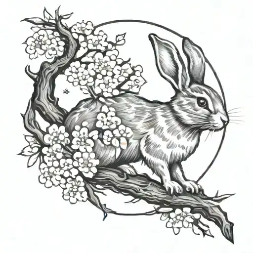 Rabbit Under A Sakura Branch Under The Night