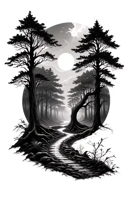 Deep Forest Path With Yggdrasil At The End