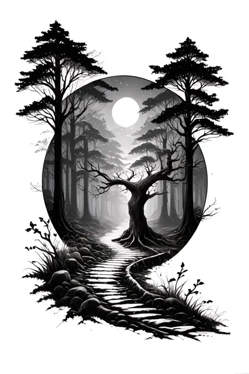 Deep Forest Path With Yggdrasil At The End