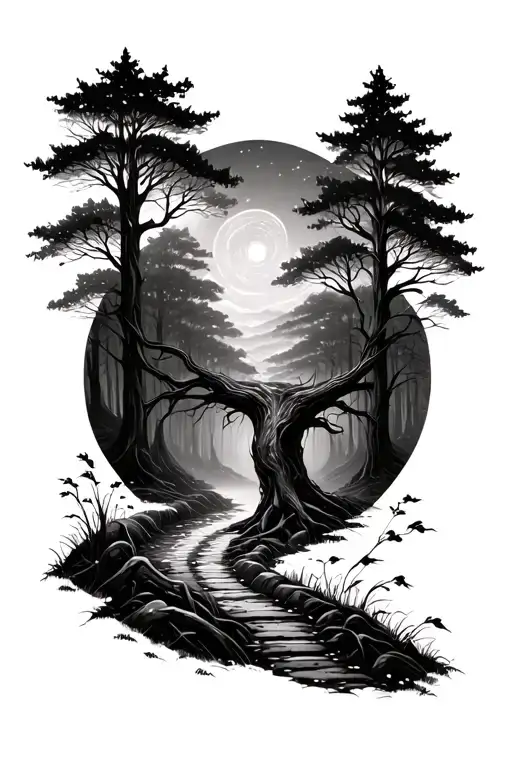 Deep Forest Path With Yggdrasil At The End Of The Path