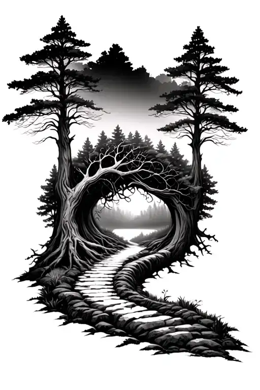 Deep Forest Path With Yggdrasil At The End Of The Path