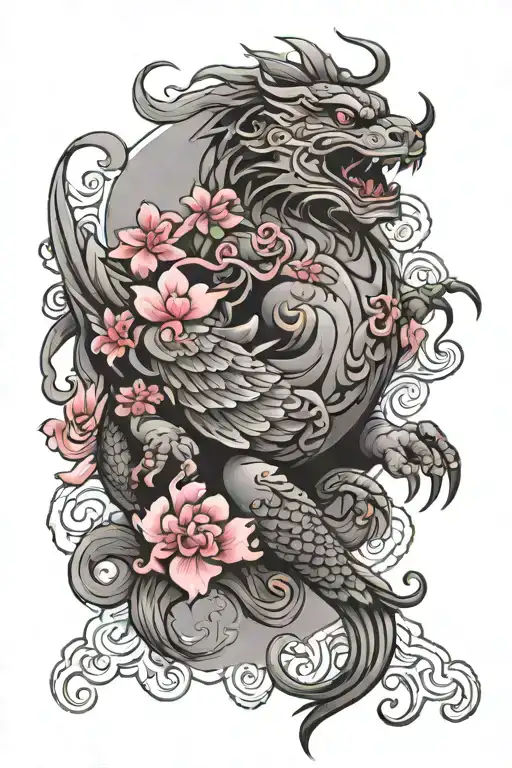 Imagine Chinese's Pi Xiu Compare With Pink Corcyrensis Flowers And Clouds And Wings