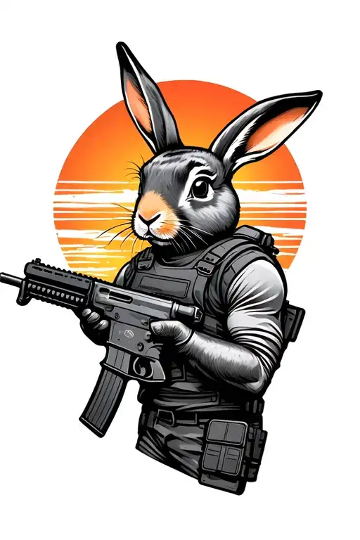 Rabbit With Bullet Proof Vest And Helmet On Holding Ar 15 Sunrise In Backdrop
