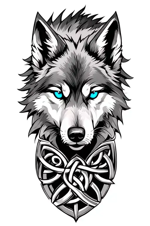 Wolf With Blue Eyes On Armor Tattoo Design Featuring Celtic Trinity Knot