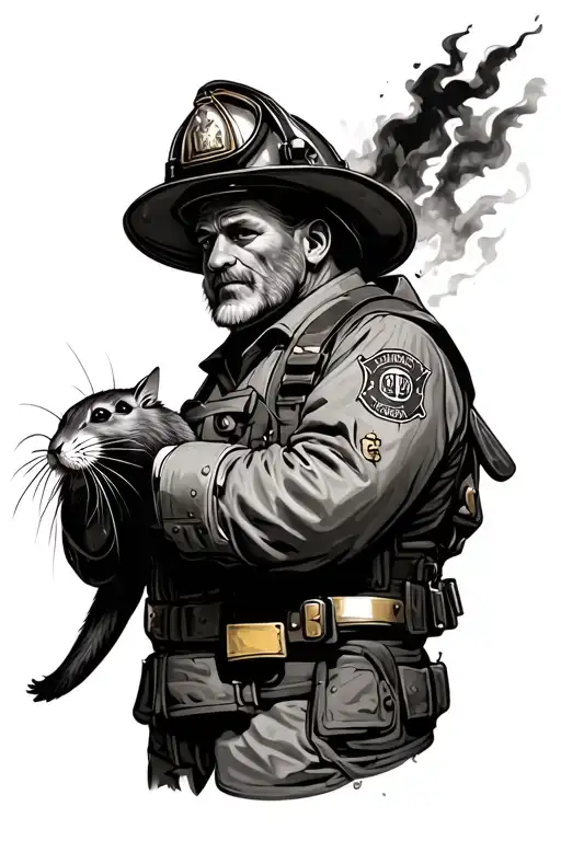 Old Firefighter With Rat In His Hands