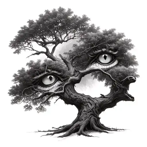 Realistic Oak Tree Intertwined With A Pair Of Lion Eyes Blended In The Background